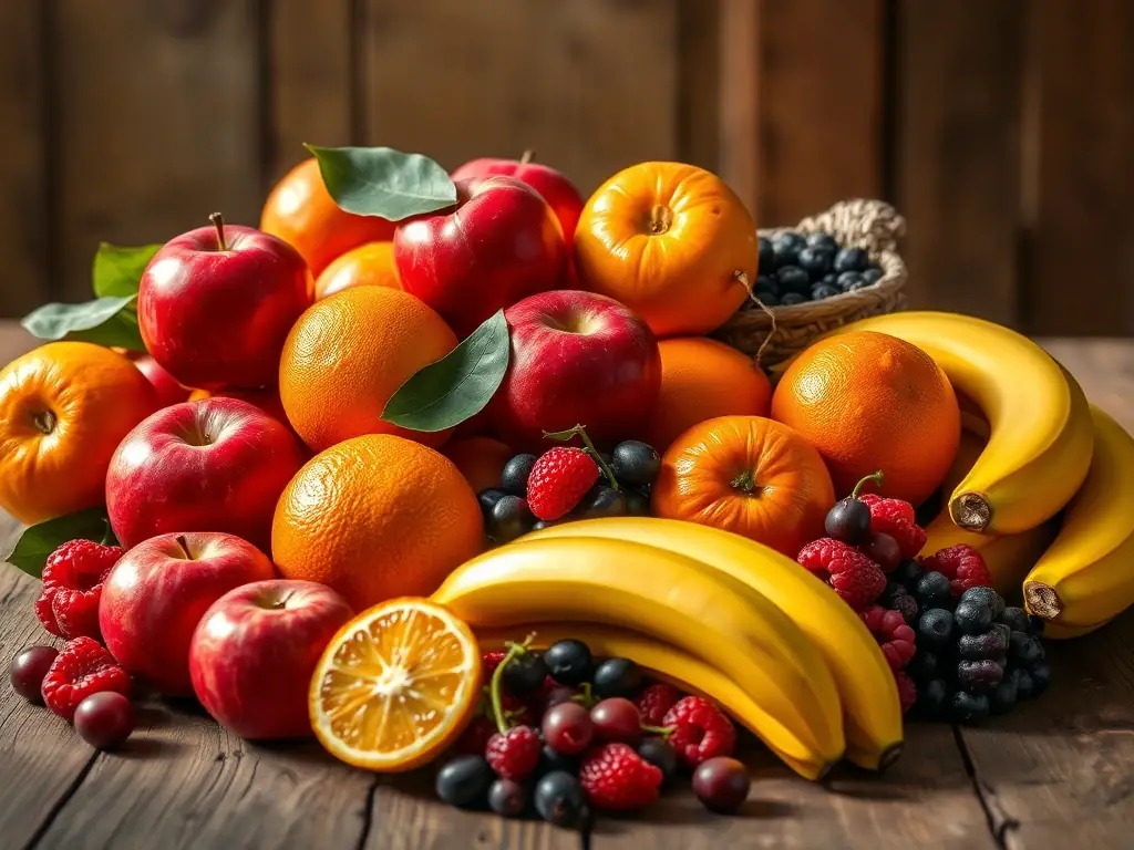 A vibrant display of various organic fruits and vegetables, emphasizing their natural colors and textures, highlighting the freshness and variety available at teriyakidrop.
